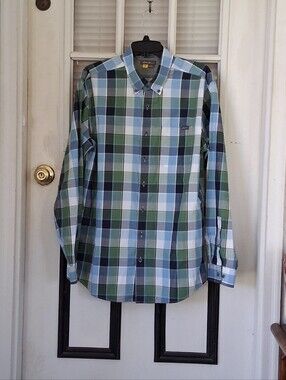 Eddie Bauer Men's LT Tall Large Plaid Button Front Shirt Blue Green Long Sleeve
